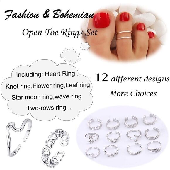 Silver Adjustable Open Toe Rings - Set of 12 - Picture 4 of 7
